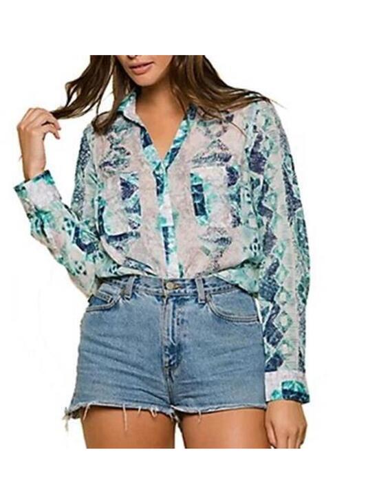 Raga Tops - 3371 RAGA Carly Button Down Long-Sleeve Boyfriend Shirt AQUA sz L